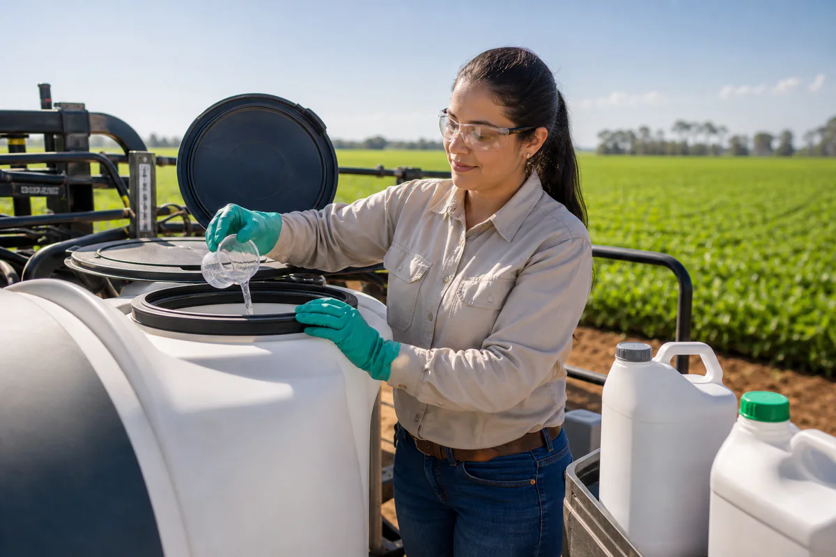 Agrônoma preparando uma mistura agrícola compatível no tanque