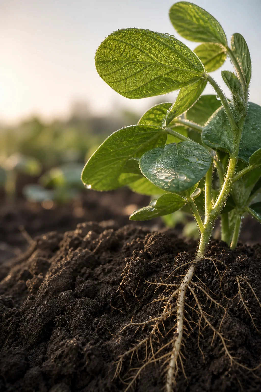 Planta de soja saudável com raízes e folhas visíveis
