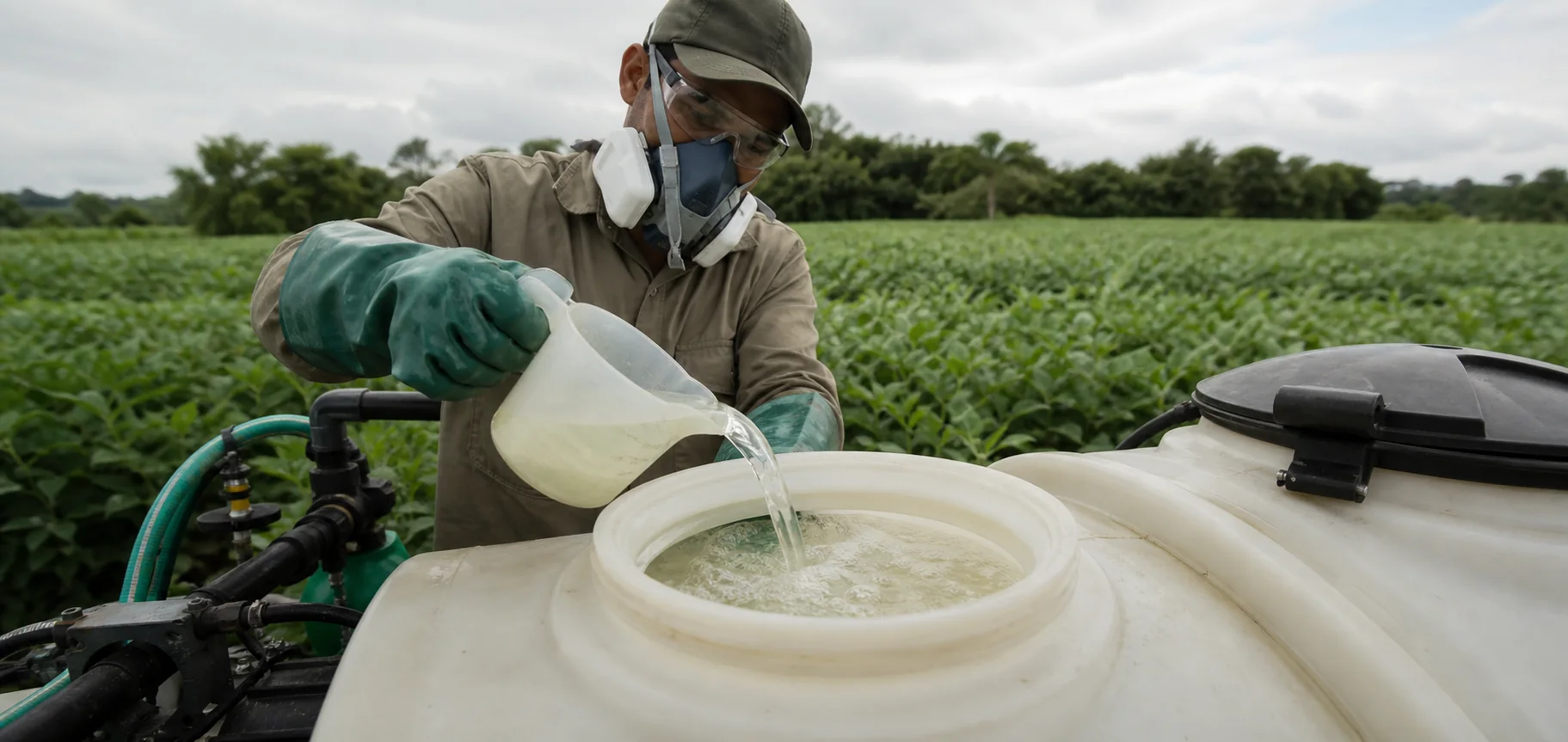 Operador preparando uma mistura agrícola no tanque